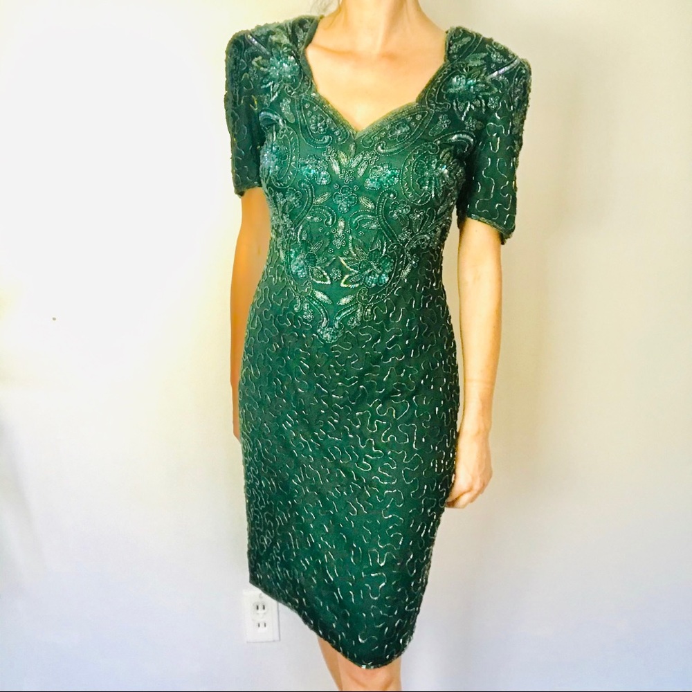 VINTAGE SCALA emerald silk beaded dress - Picture 2 of 8